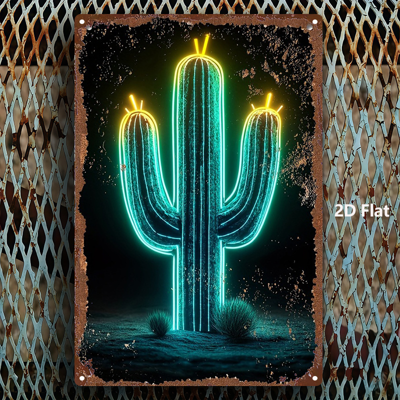 Home Bathroom Wall Decor - Vintage Neon Desert Cactus Aluminum Wall