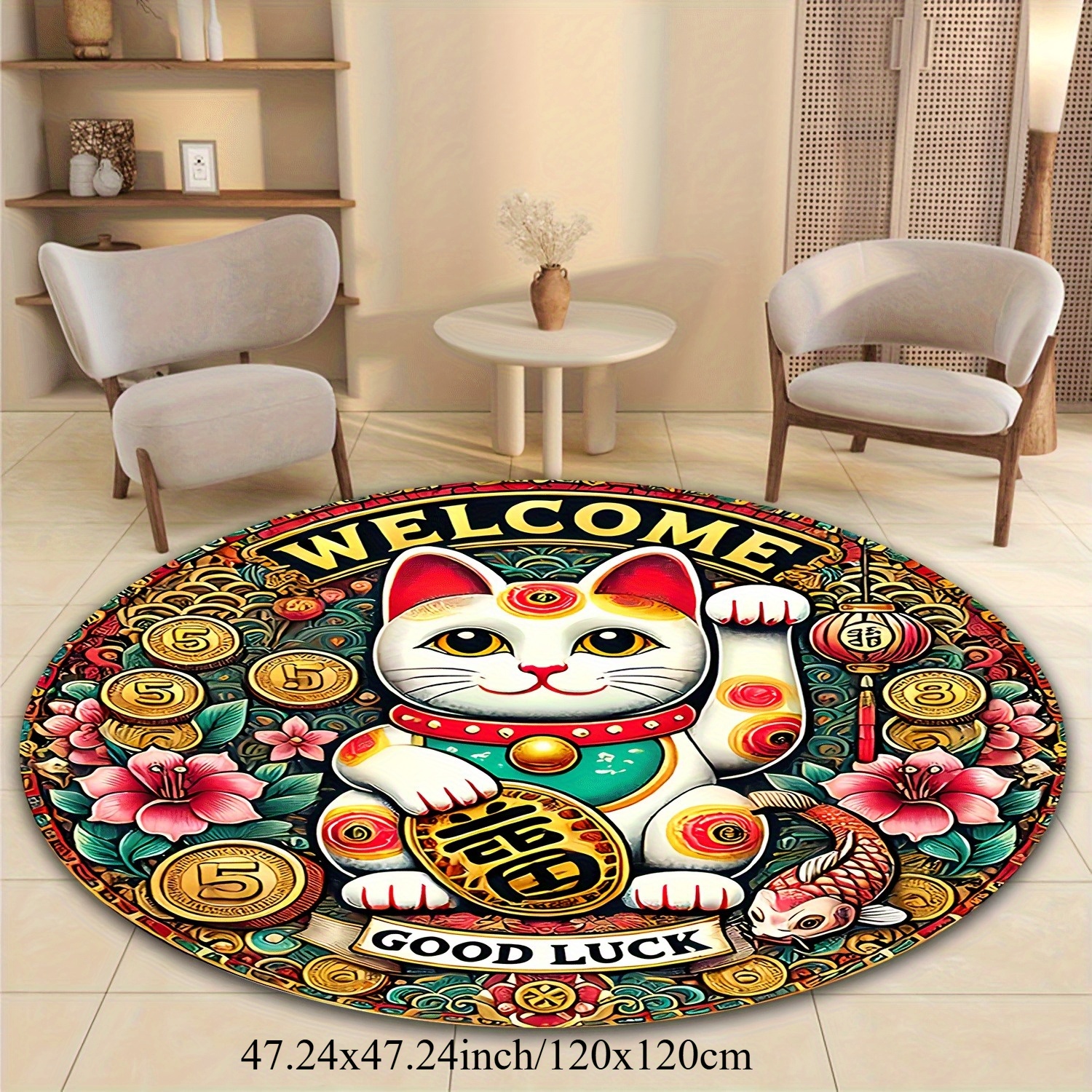 Chinese Lucky Cat Round Rug We - Home Goods Bathroom Mats ulasan dan harga
