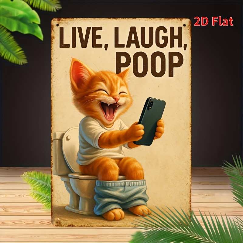 Funny Cat on Toilet Metal Wall - Home Design Bathroom ulasan dan harga